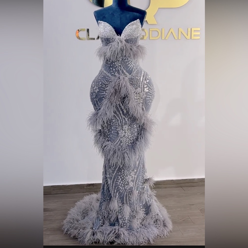 Beautiful Custom Corset evening/prom Dress - beaded fabric enhanced w/ feathers